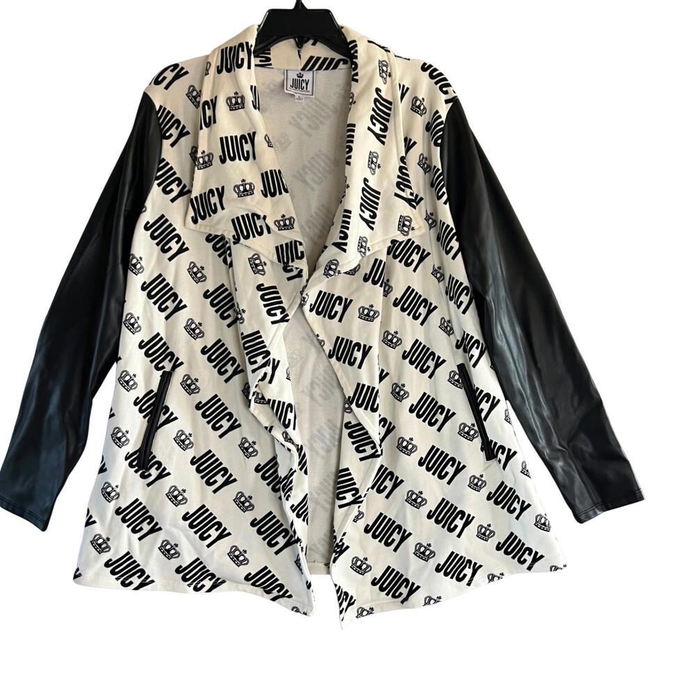 Juicy by Juicy Couture Women’s Large Logo Drape Cardigan Faux Leather Sleeves - Picture 3 of 8
